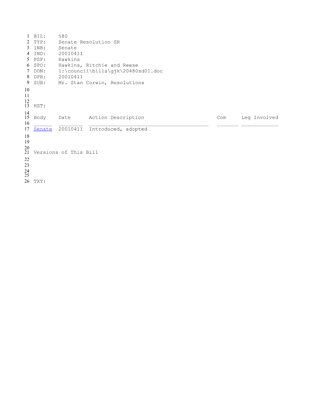 2001-2002 Bill 580: Mr. Stan Corwin, Resolutions - South Carolina Legislature Online