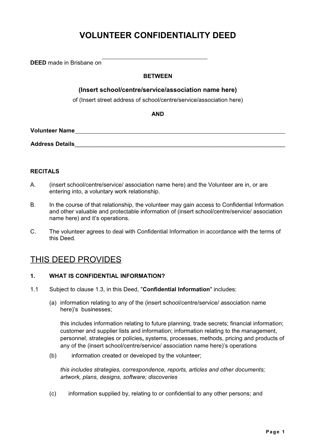 Volunteer Confidentiality Deed