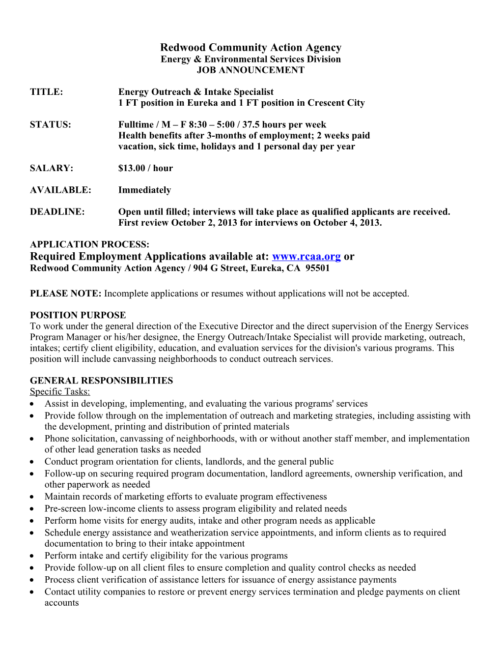 Energy Outreach & Intake Specialist (Rev. 5/2013)