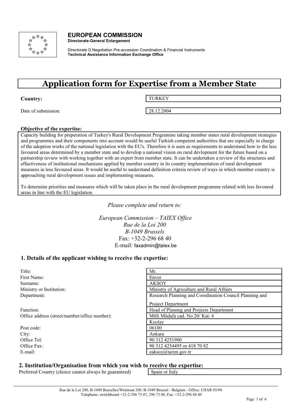 Application Form for Expertise from a Member State