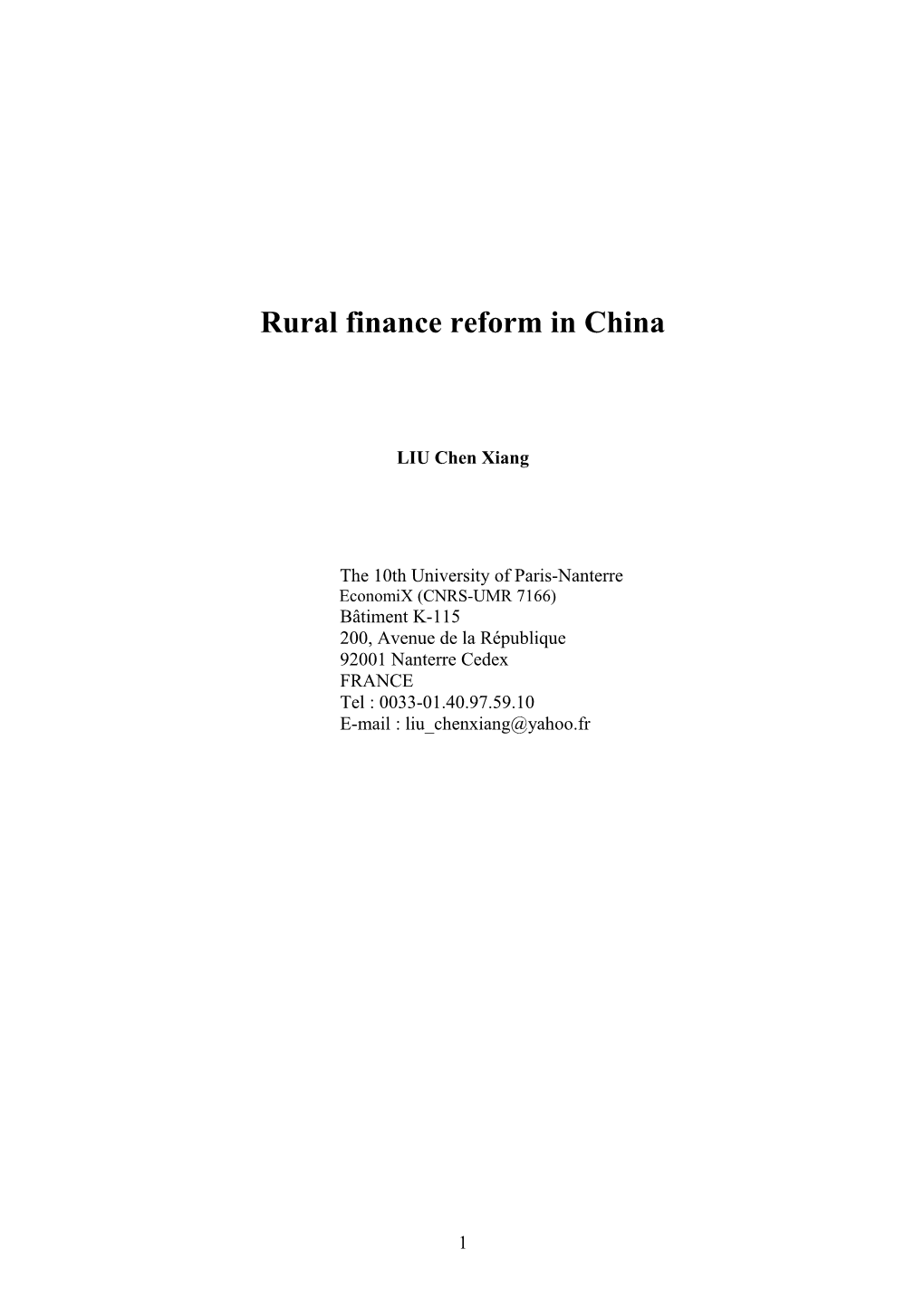 Chinese Rural Finance Reform