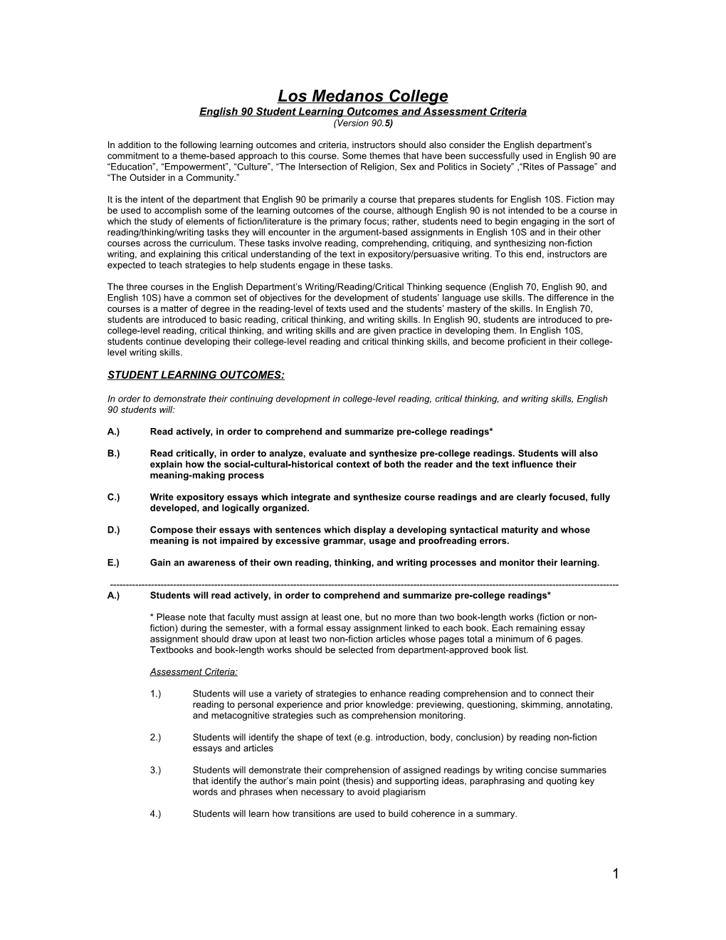 English 90 Student Learning Outcomes and Assessment Criteria