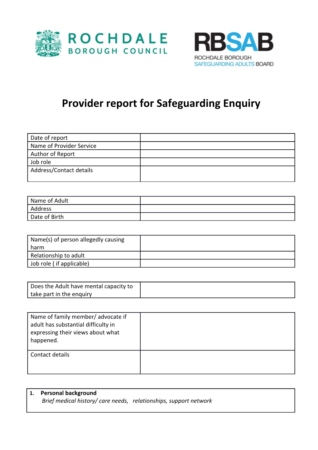 Provider Report for Safeguarding Enquiry