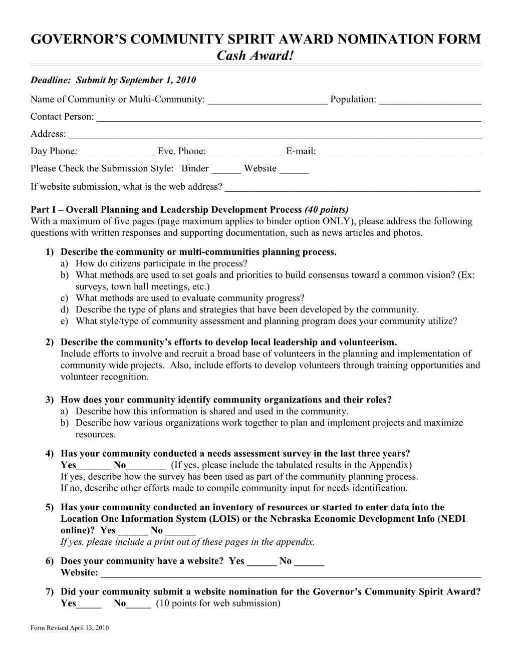 Governor S Community Spirit Award Nomination Form