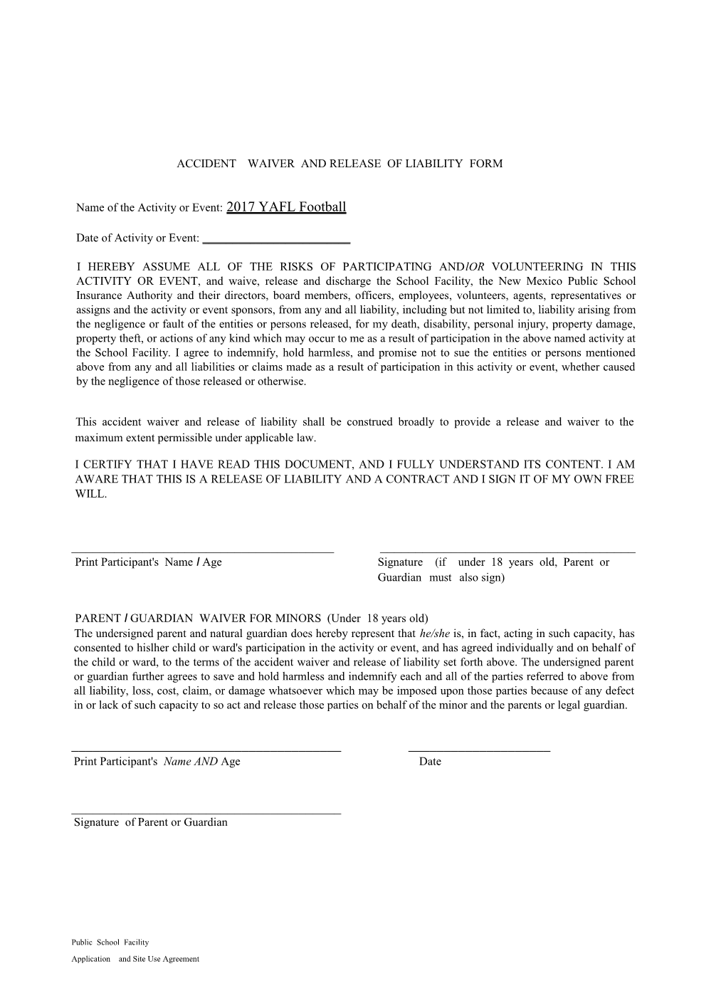 Accidentwaiver and Release of Liability Form