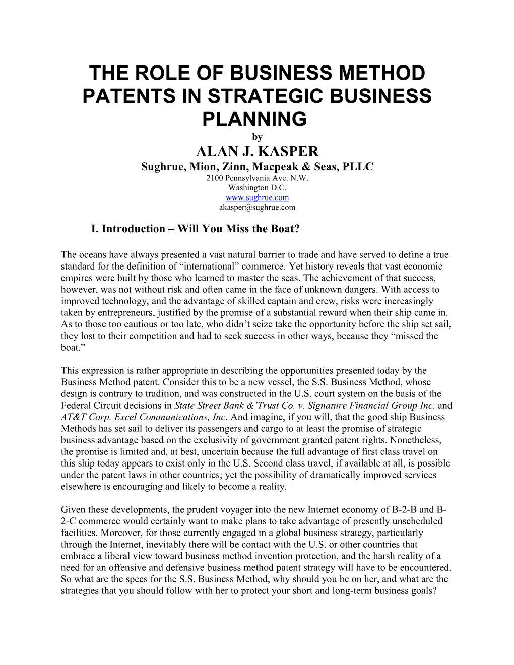 The Role of Business Method Patents in Strategic Business Planning