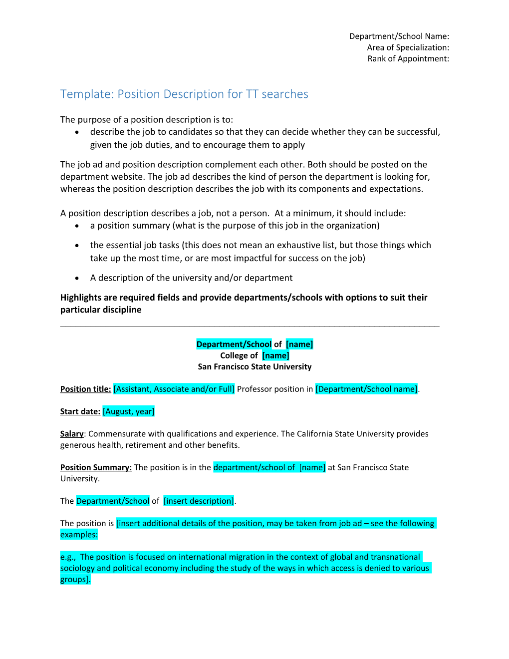 Template: Position Description for TT Searches