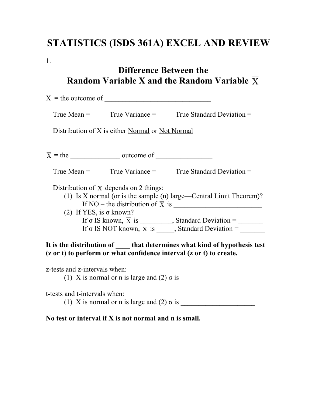 Statistics (Isds 361A) Excel and Review