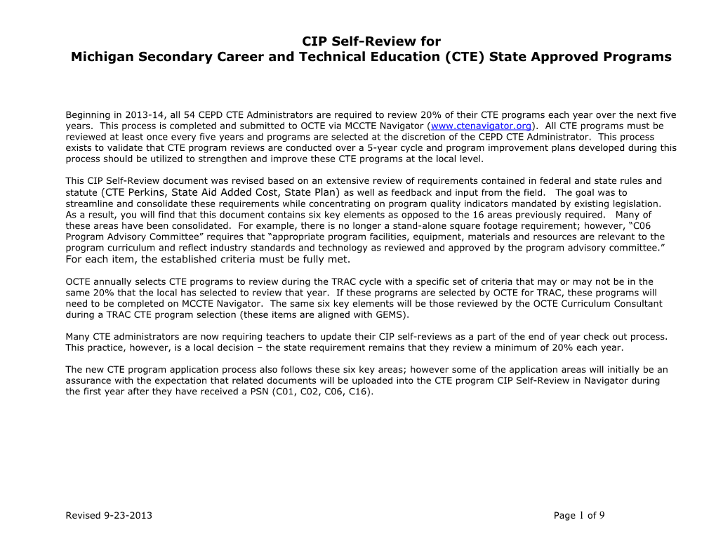 The Career and Technical Education State-Approved CIP Program Self-Review 2008-09 to 2012-13