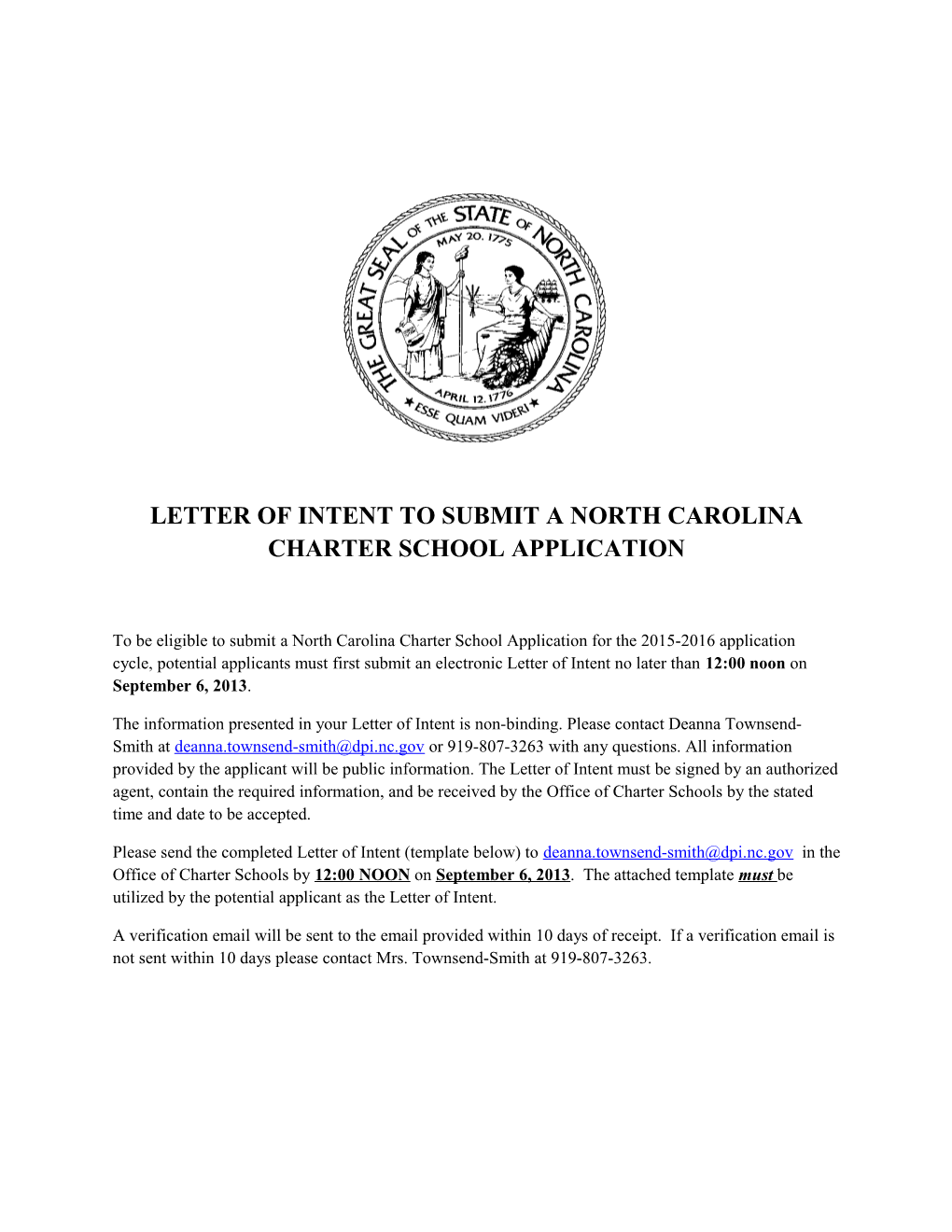 Letter of Intent to Submit a North Carolina Charter School Application
