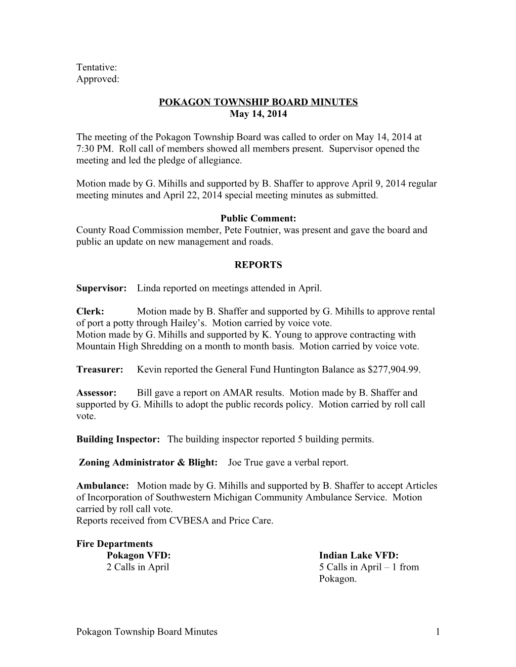 Pokagon Township Board Minutes