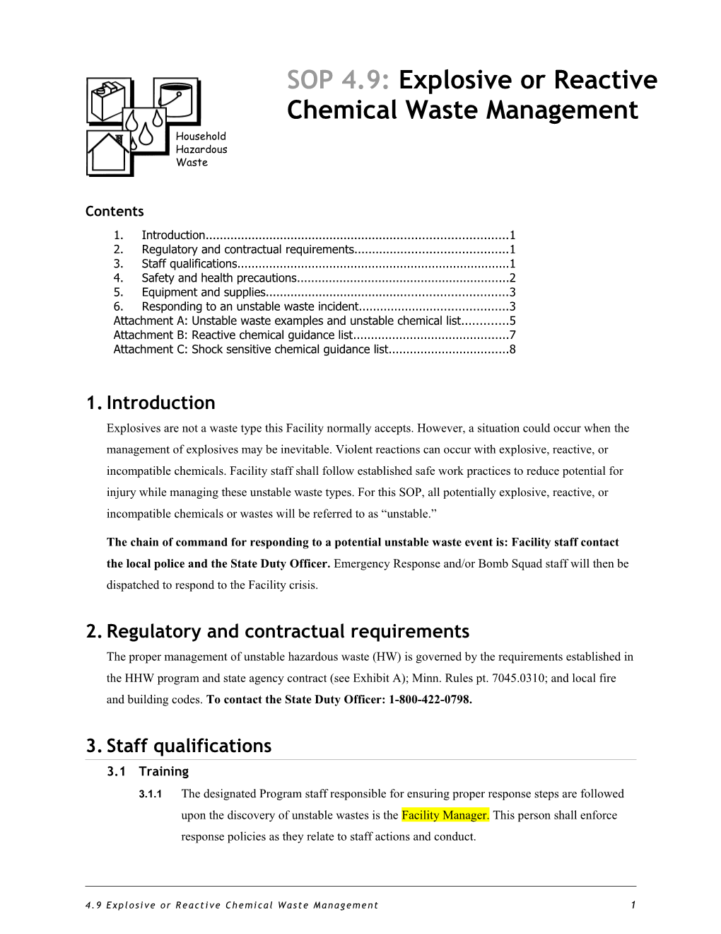 SOP 4.9 Explosive Or Reactive Chemical Waste Management