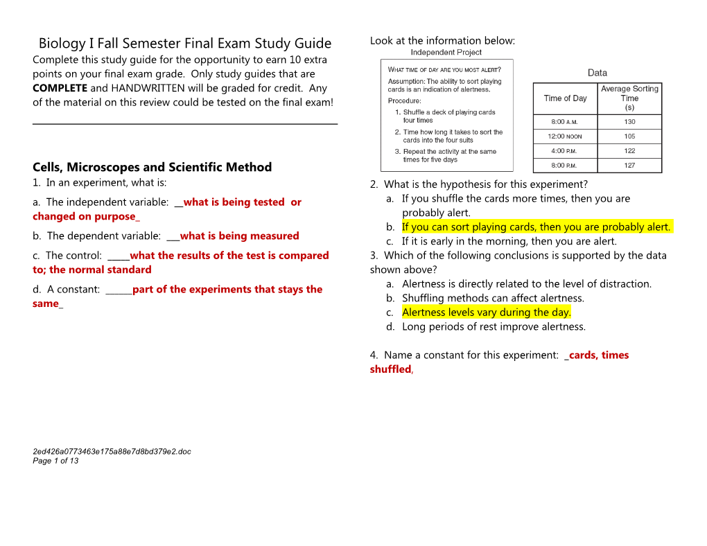 Biology I Fall Semester Final Exam Study Guide