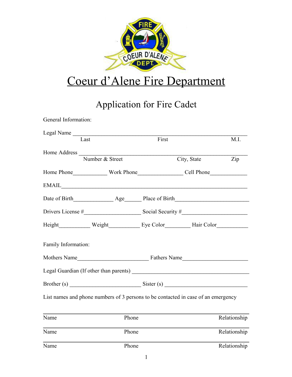 Application for Fire Cadet