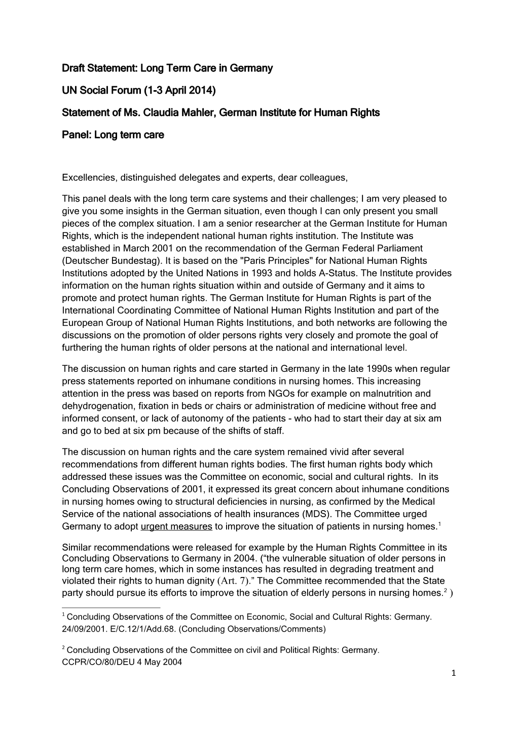 Draft Statement: Long Term Care in Germany