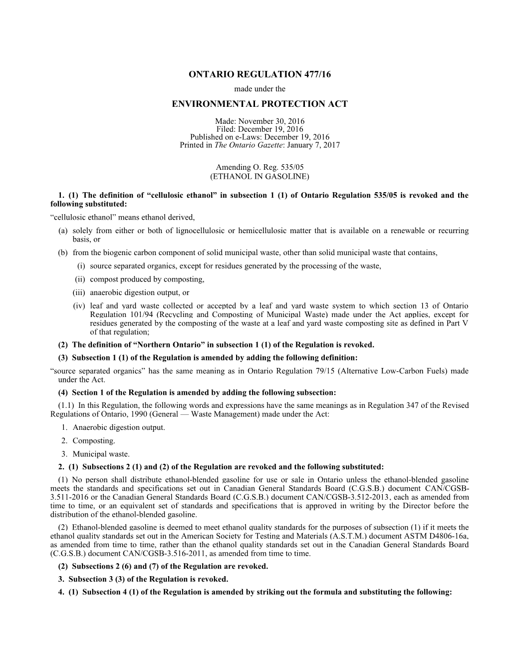 ENVIRONMENTAL PROTECTION ACT - O. Reg. 477/16