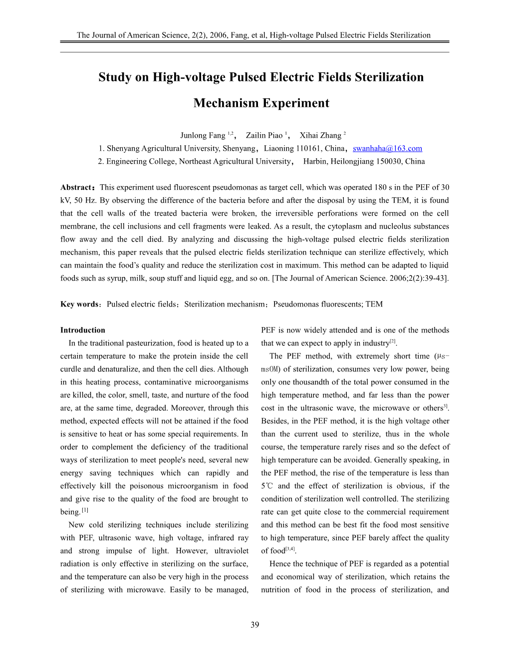 Study on High-Voltage Pulsed Electric Fields Sterilization Mechanism Experiment