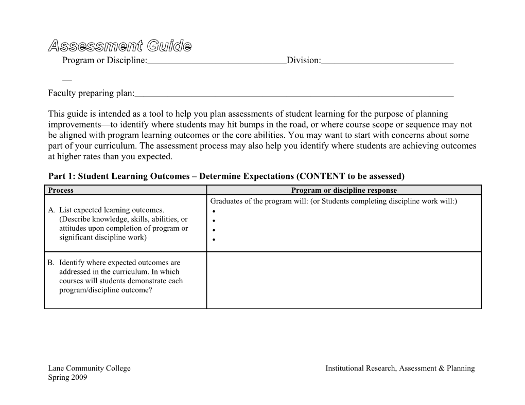 Assessment Guideprogram Or Discipline: Division