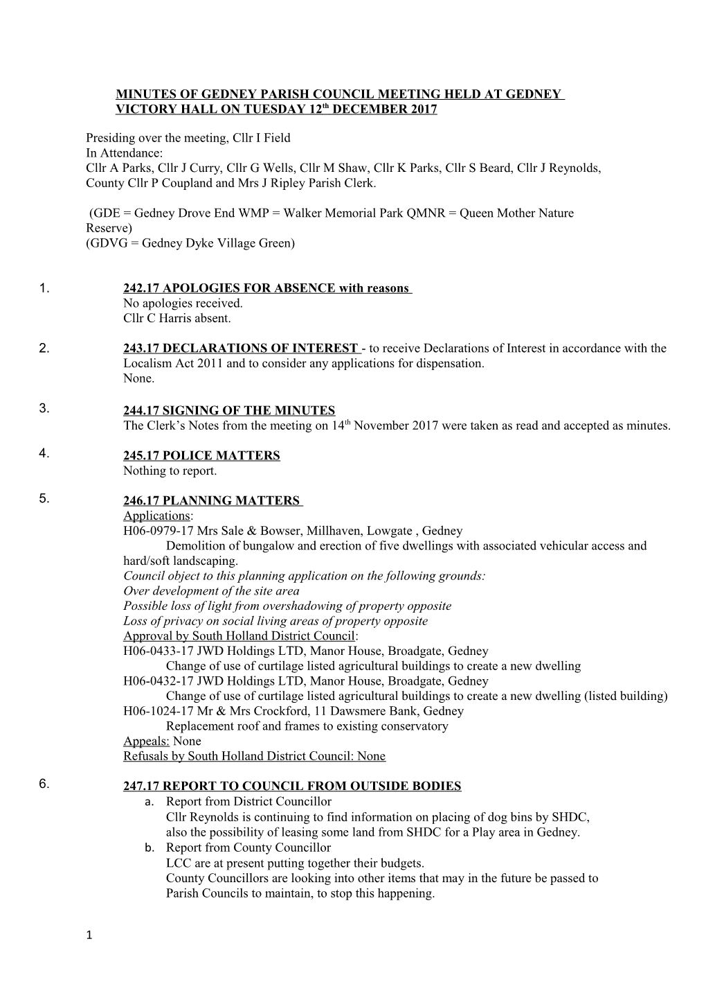 MINUTES of GEDNEY PARISH COUNCIL MEETING HELD at GEDNEY VICTORY HALL on TUESDAY 12Th DECEMBER