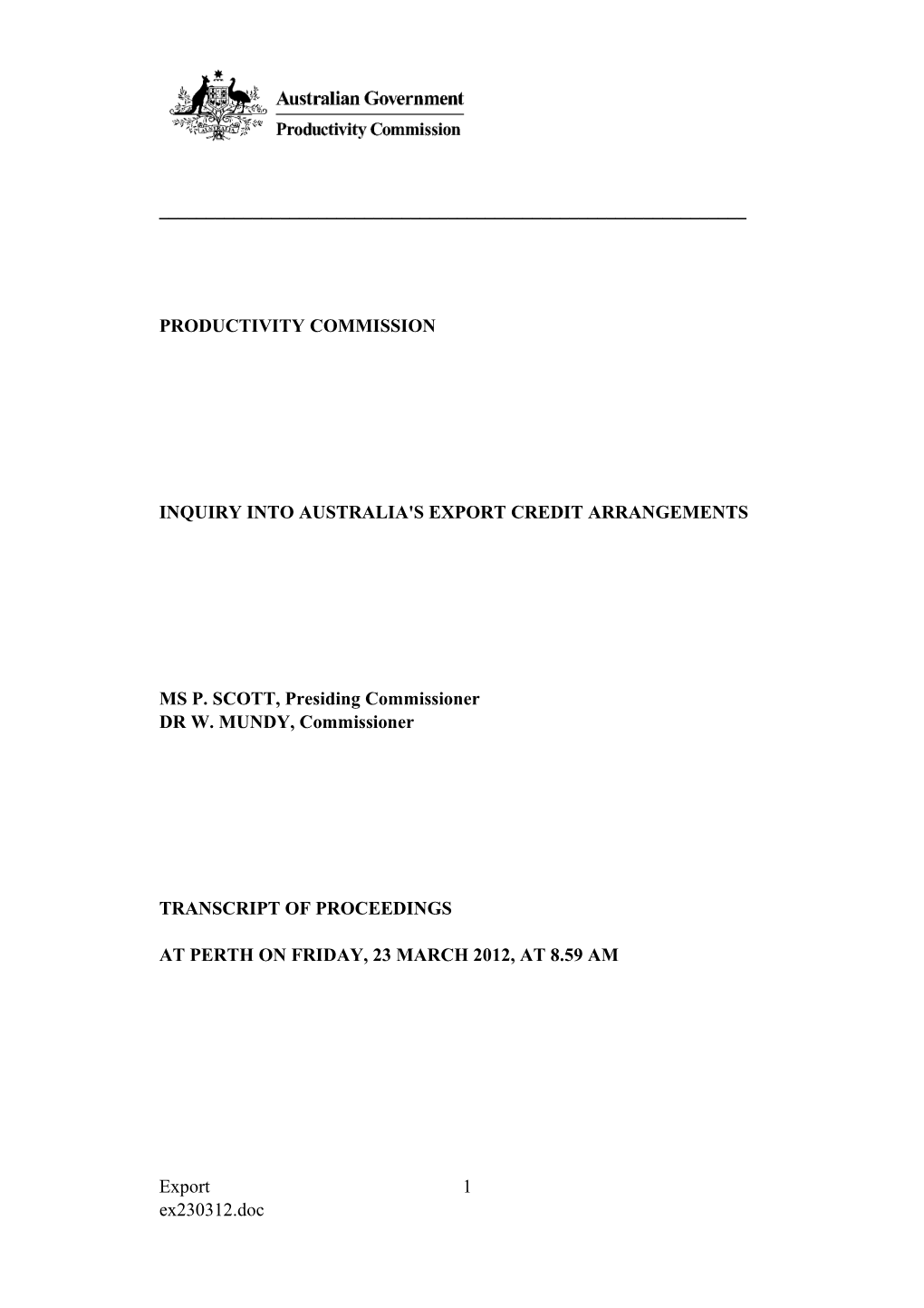 23 March 2012 - Perth Public Hearing Transcript - Australia's Export Credit Arrangments