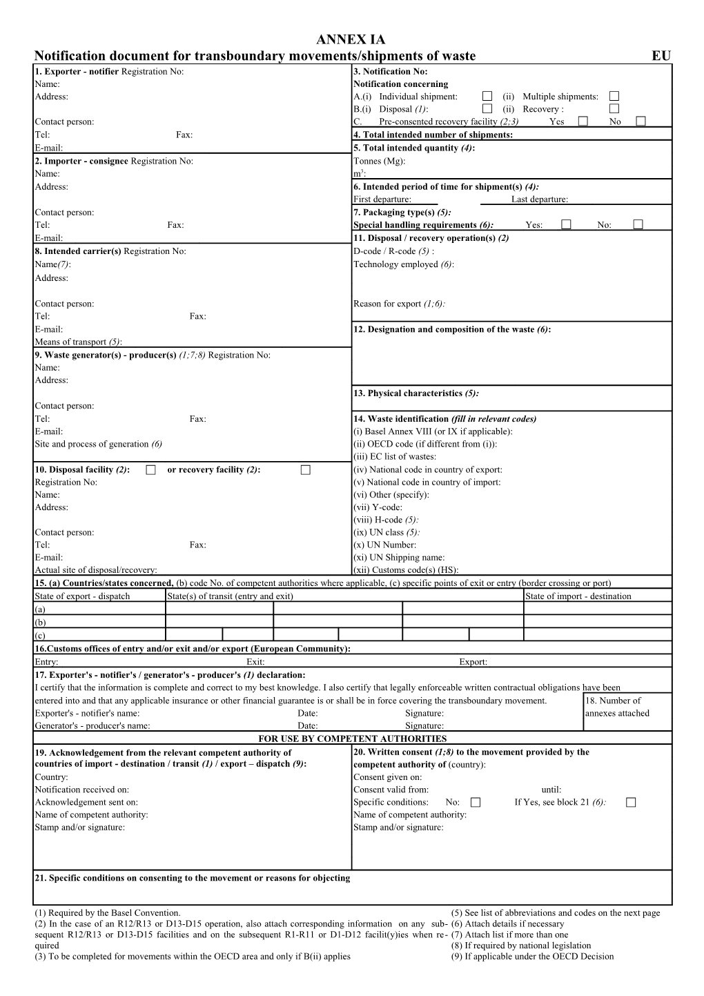 Notification Document for Transboundary Movements/Shipments of Waste EU