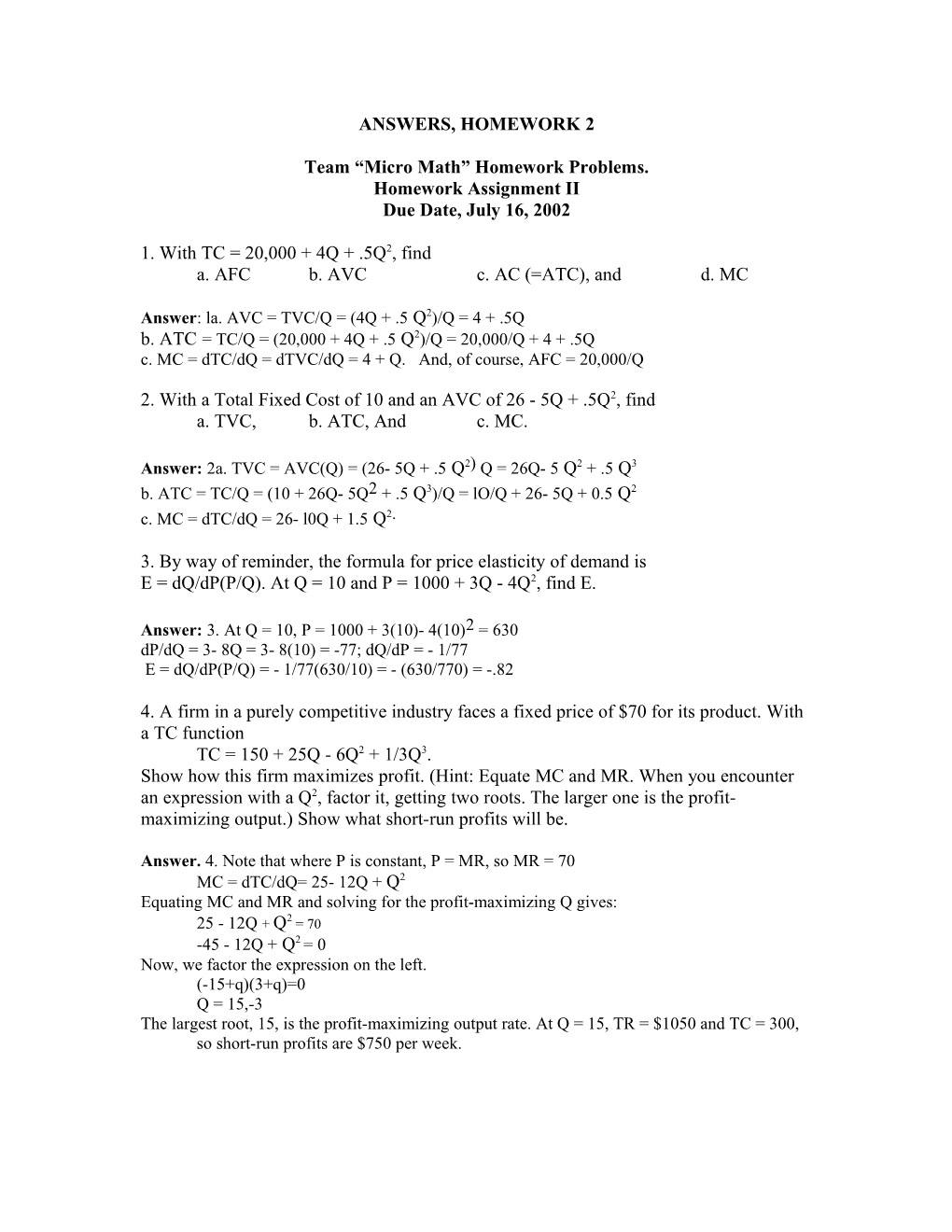 Team Micro Math Homework Problems