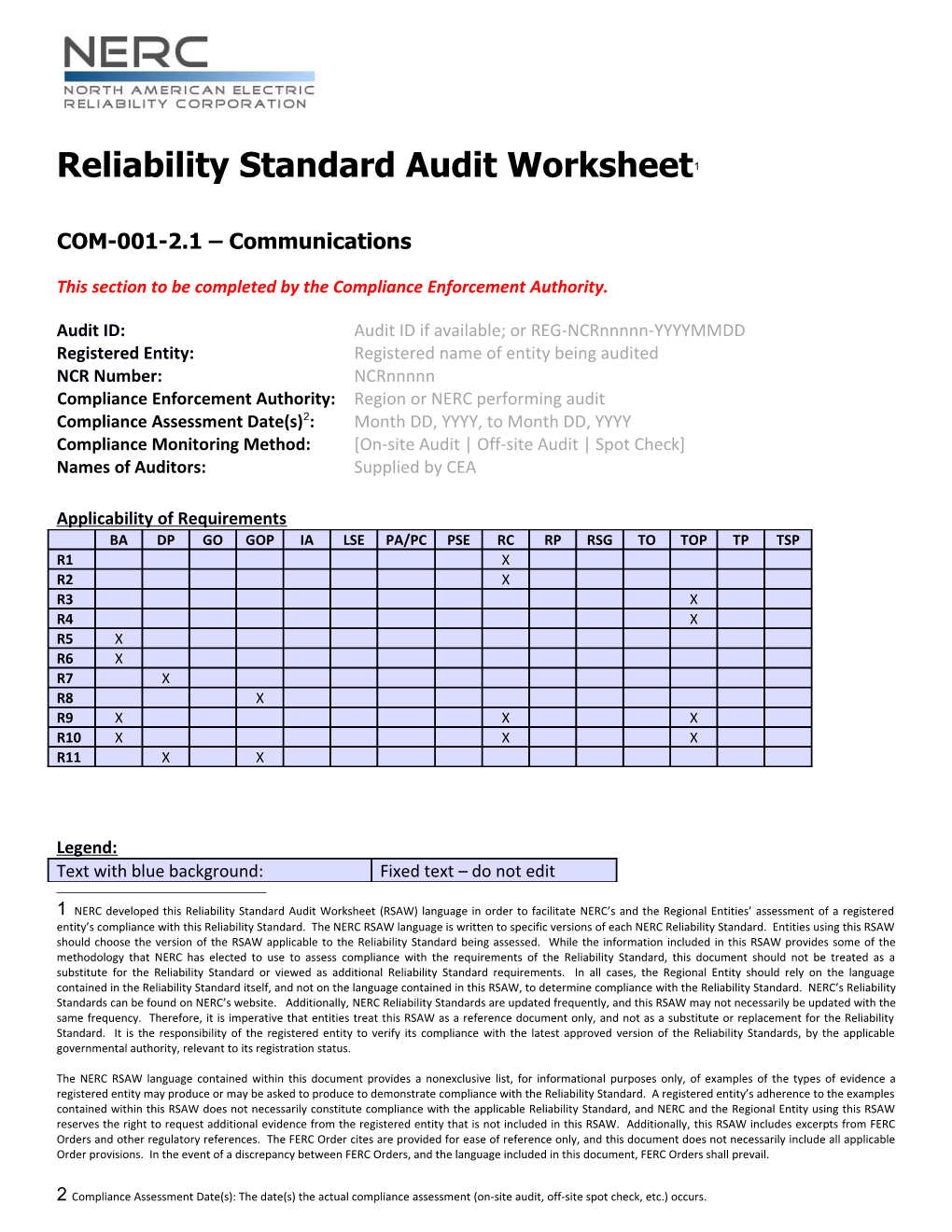 NERC Reliability Standard Audit Worksheet