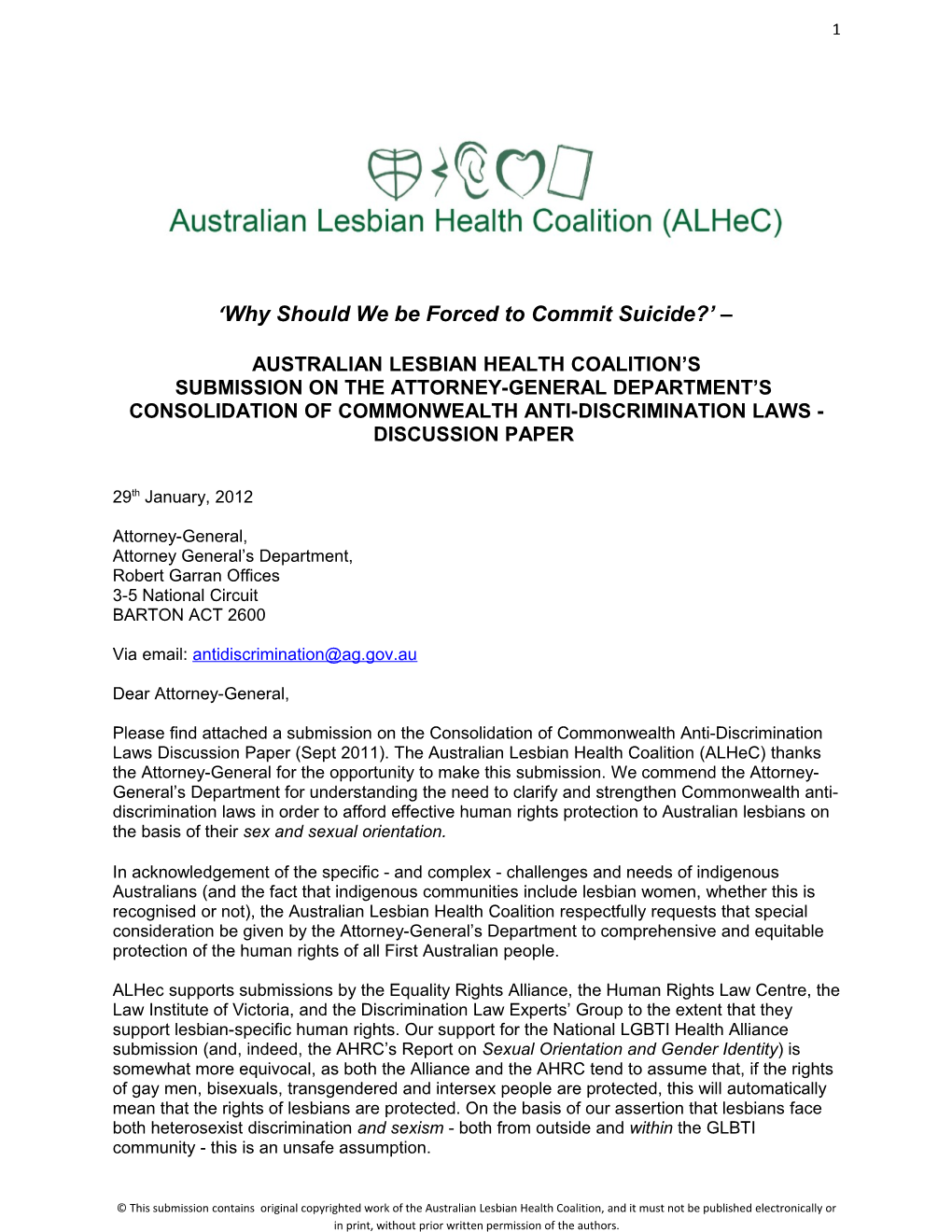 Submission on the Consolidation of Commonwealth Anti-Discrimination Laws - Australian Lesbian