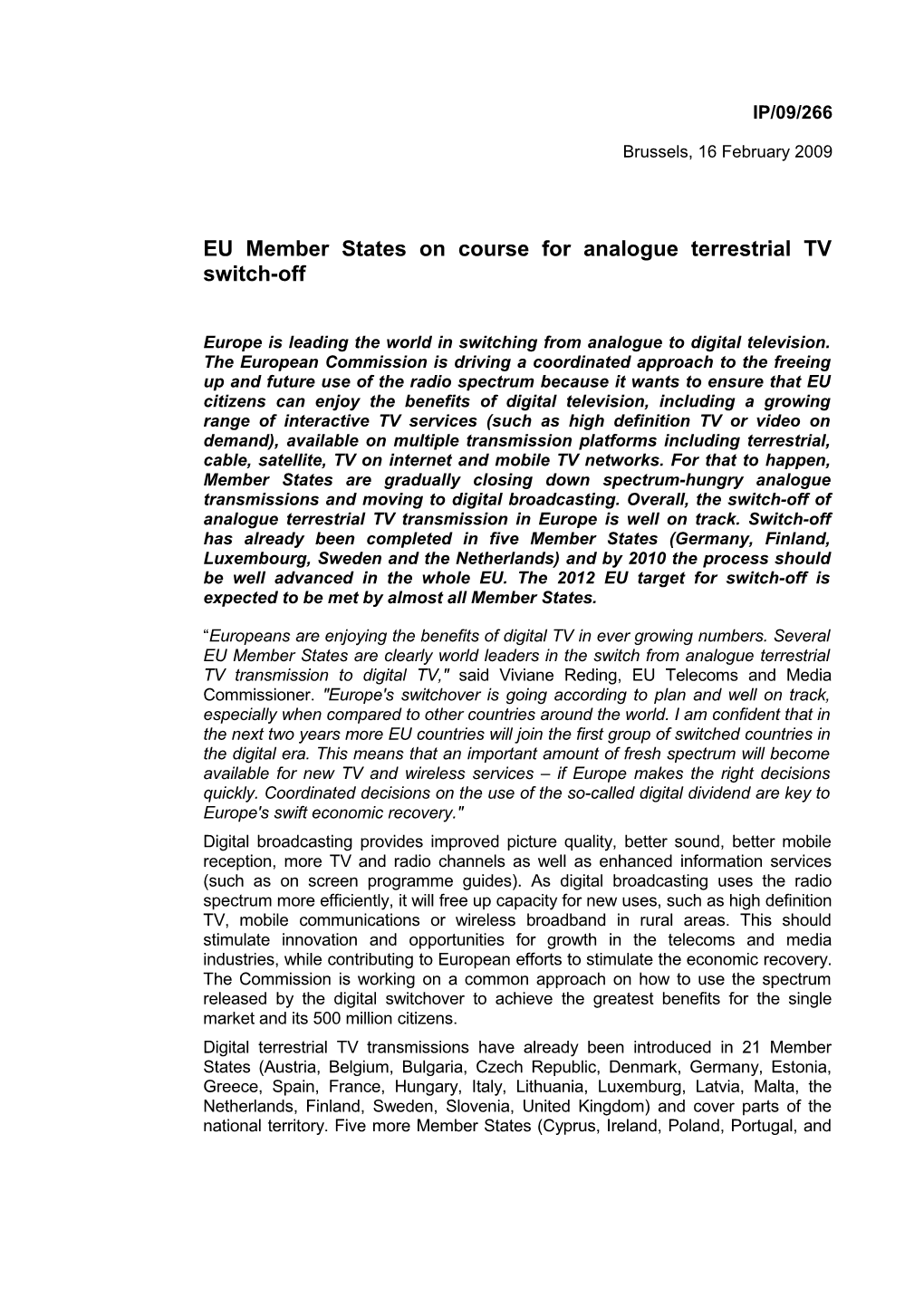 EU Member States on Course for Analogue Terrestrial Tvswitch-Off