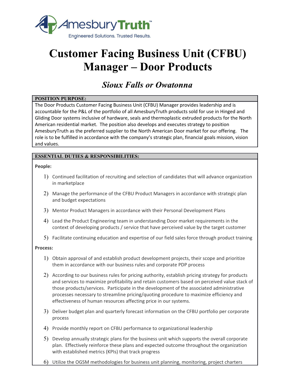 Customer Facing Business Unit (CFBU) Manager Door Products