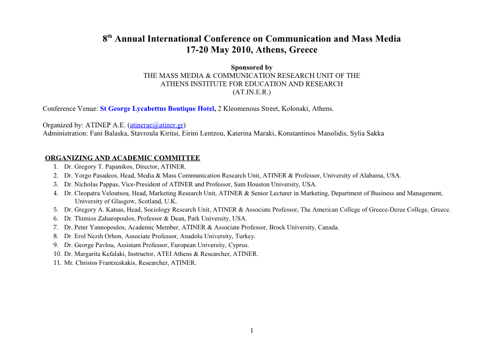 8Th Annual International Conference Oncommunication and Mass Media