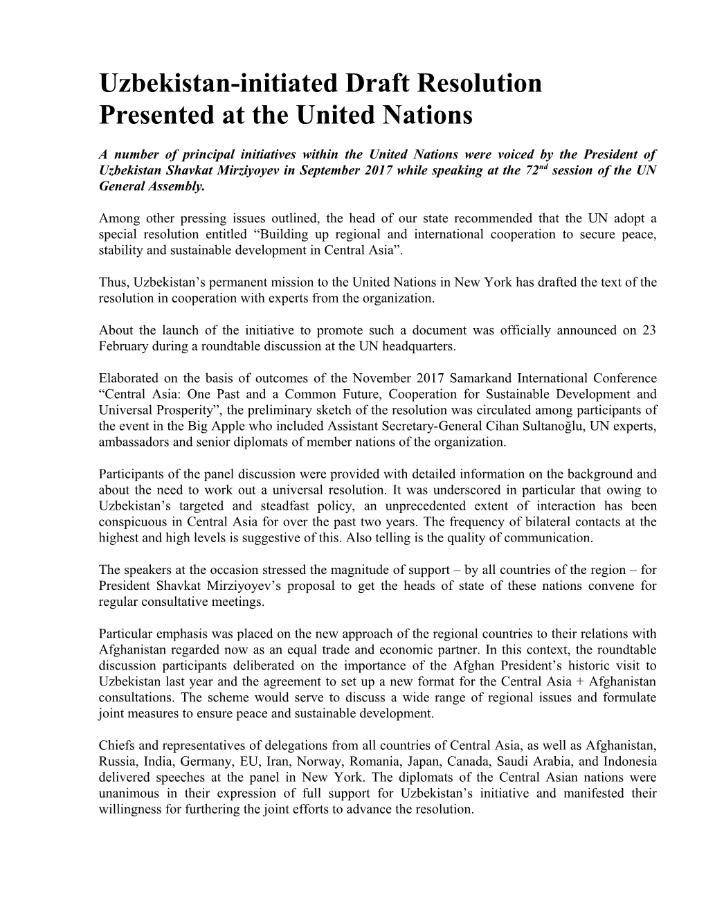 Uzbekistan-Initiated Draft Resolution Presented at the United Nations
