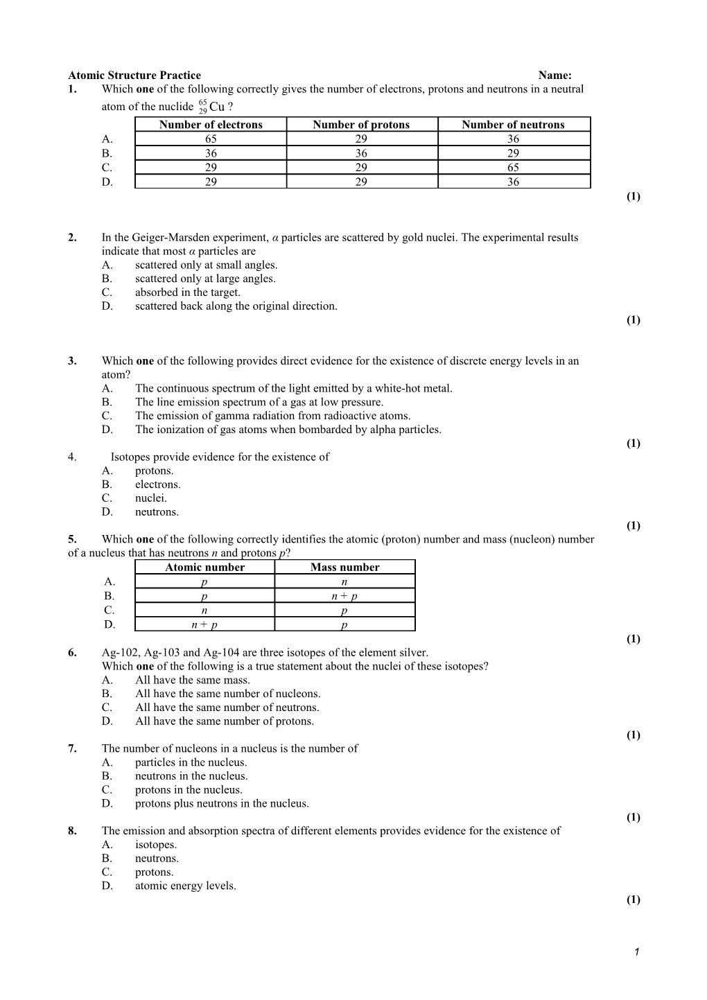 Atomic Structure Practice Name