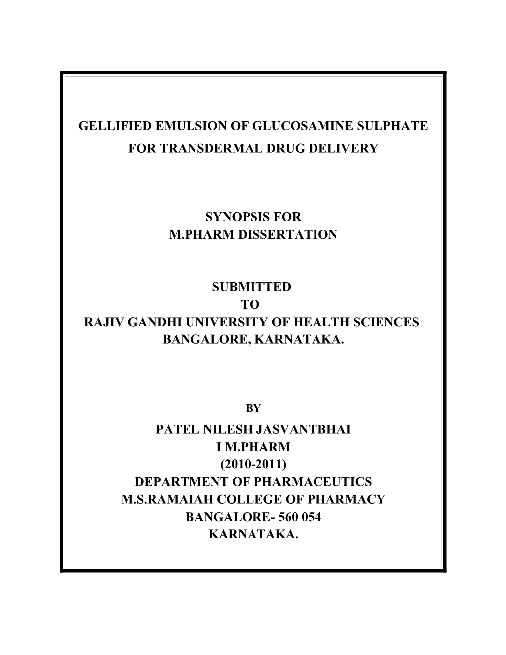 Gellified Emulsion of Glucosamine Sulphate for Transdermal Drug Delivery