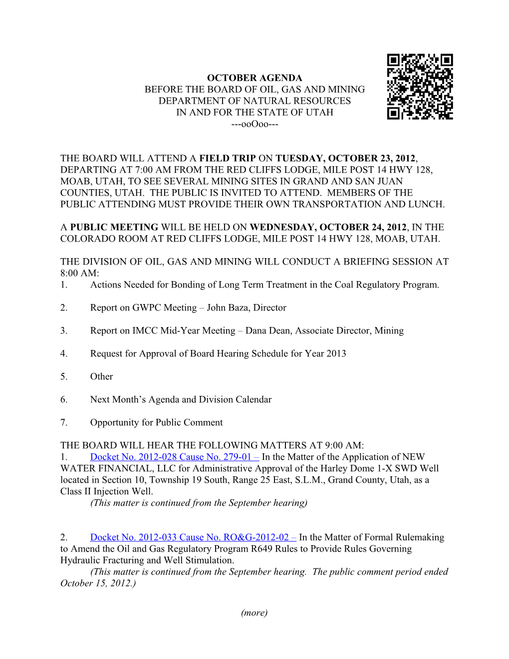 Board Agenda for October 24, 2012