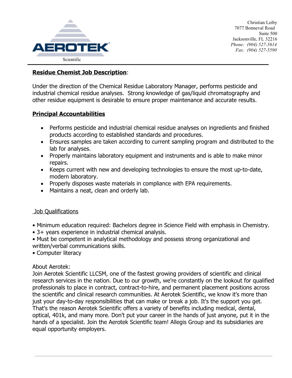 Residue Chemist Job Description