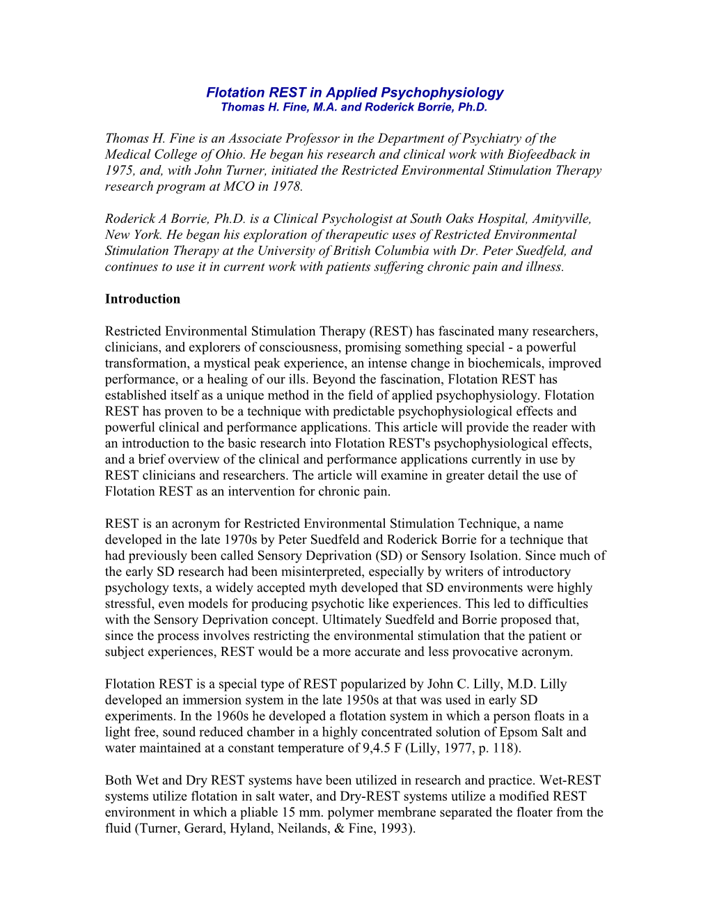 Flotation REST in Applied Psychophysiology