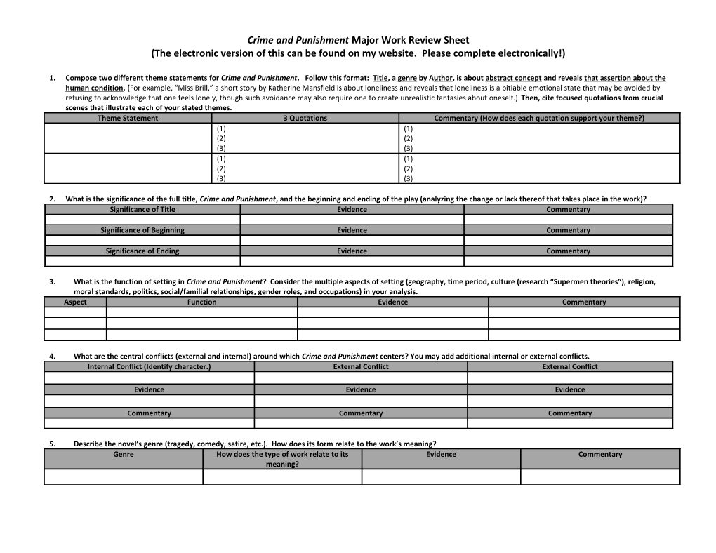 Crime and Punishment Major Work Review Sheet