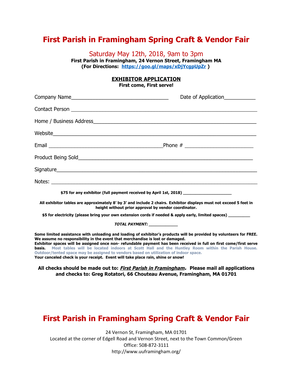 First Parish in Framingham Spring Craft & Vendor Fair