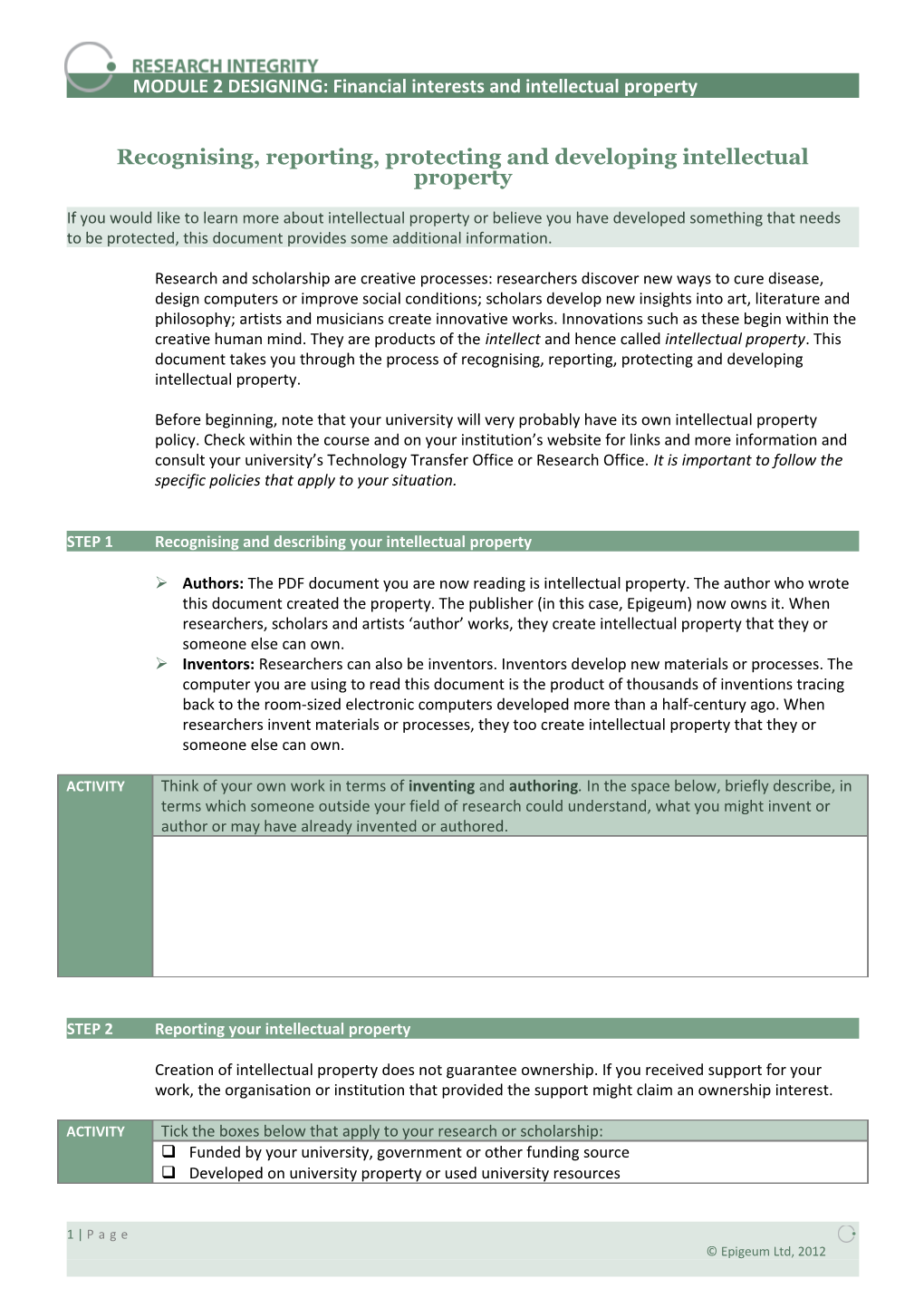 Recognizing, Reporting, Protecting and Developing Intellectual Property