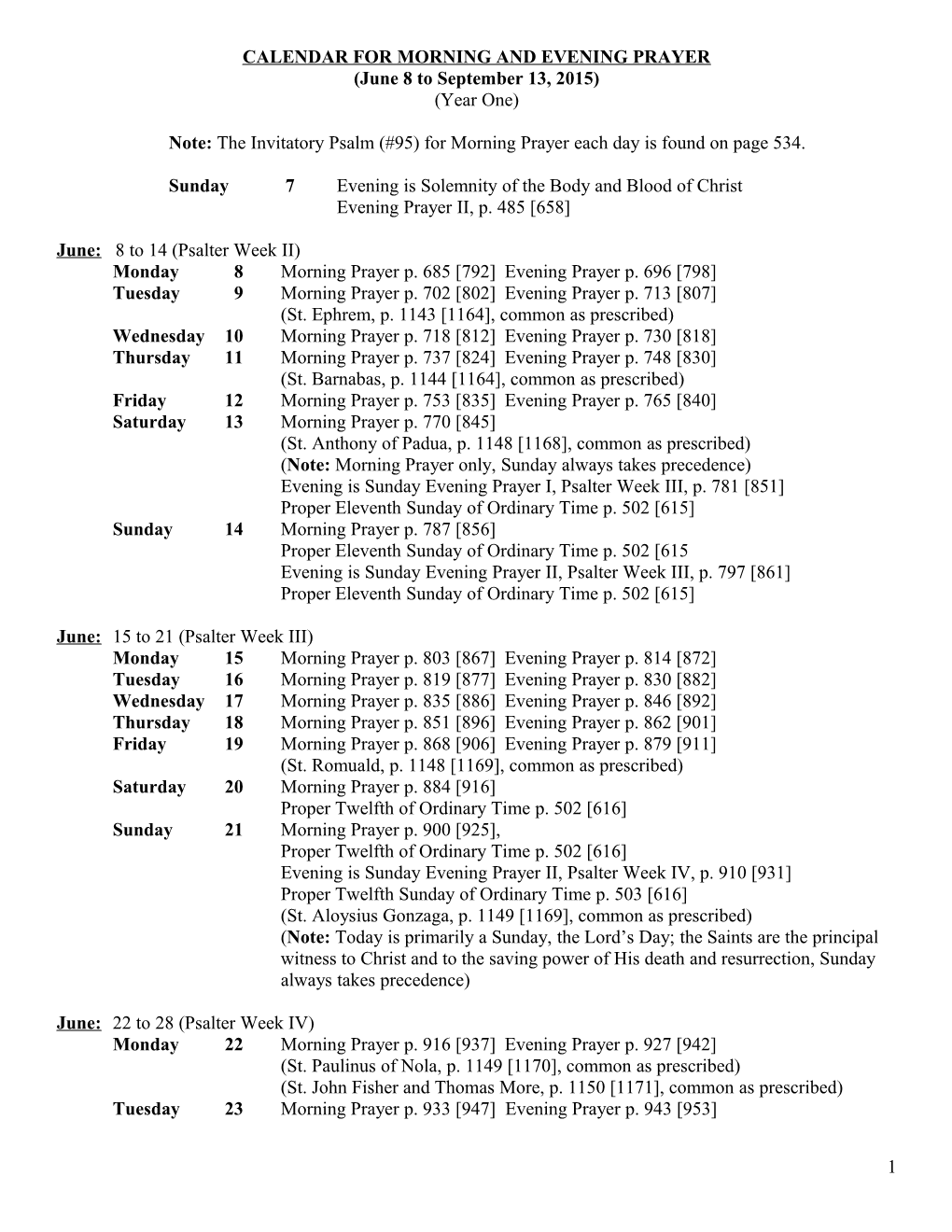 Calendar for Morning and Evening Prayer s1