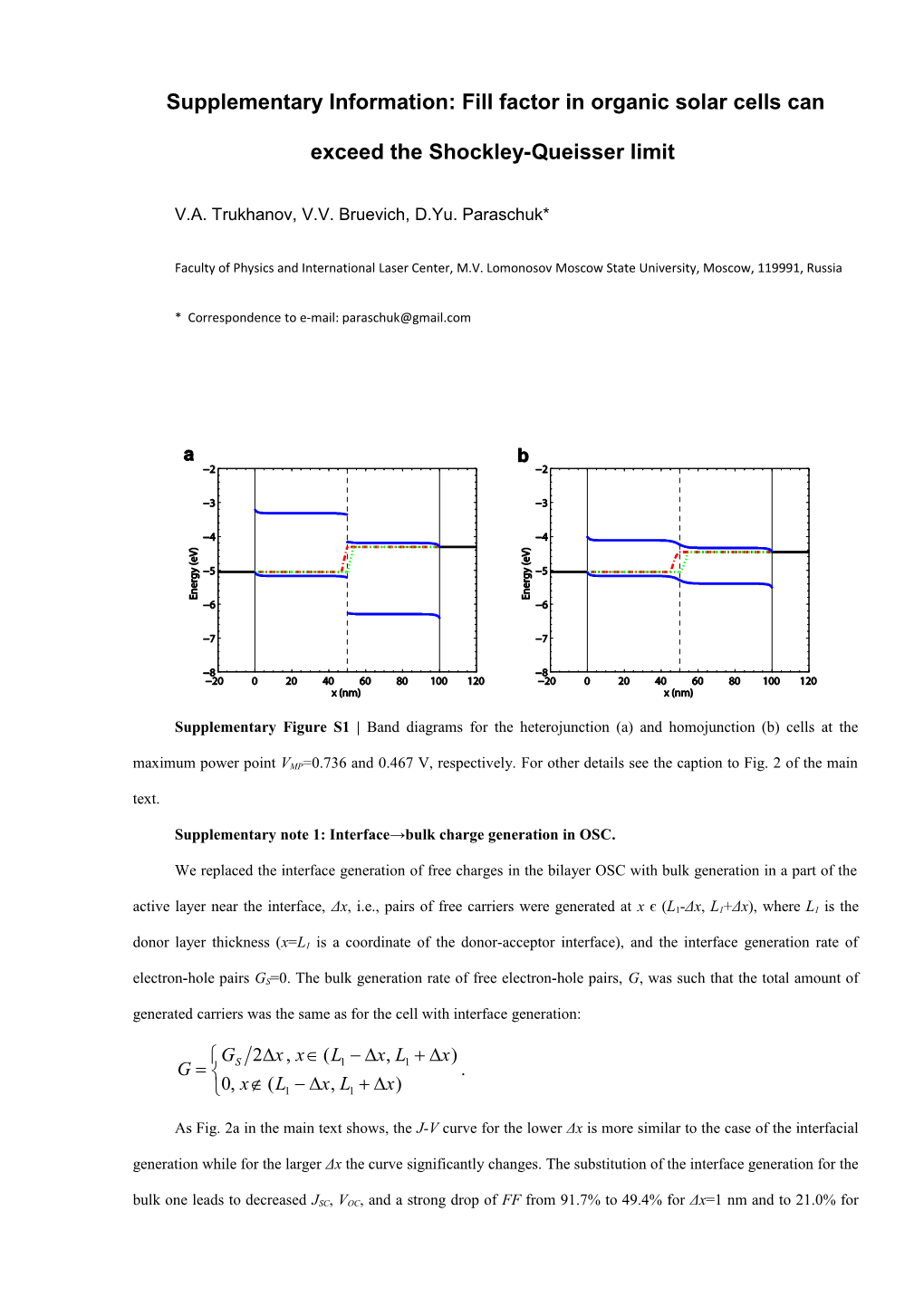 Supplementary Information: Fill Factor in Organic Solar Cells Can Exceed the Shockley-Queisser