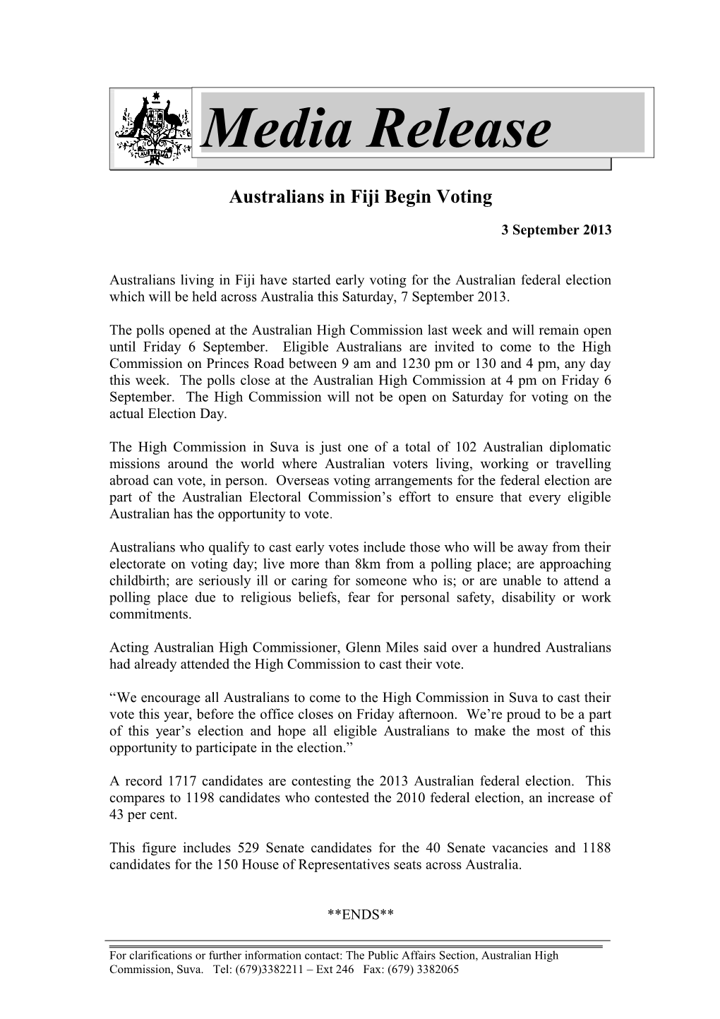 Australians in Fiji Begin Voting