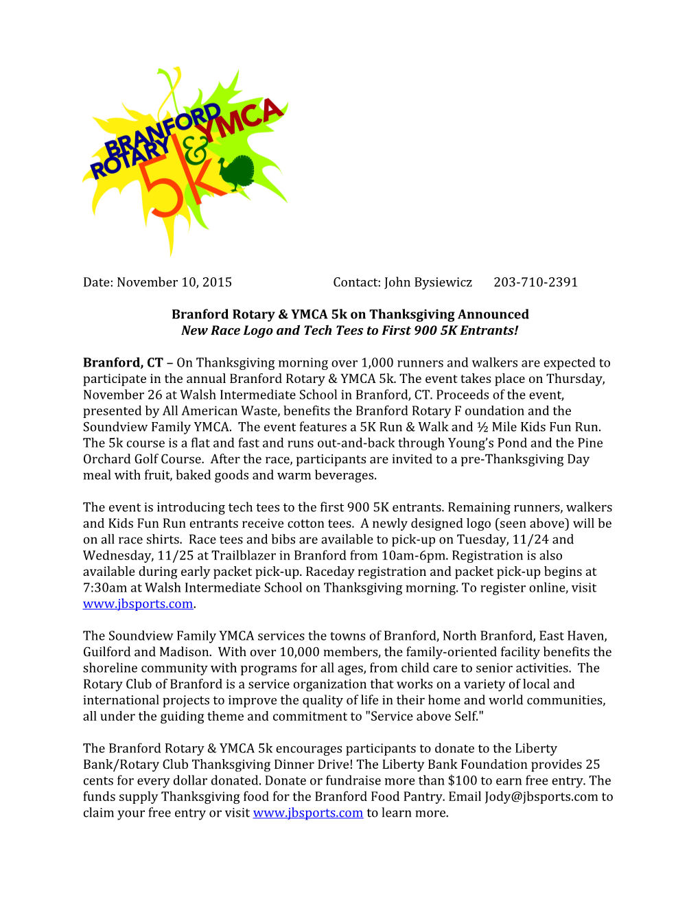 Branford Rotary & YMCA 5K on Thanksgiving Announced