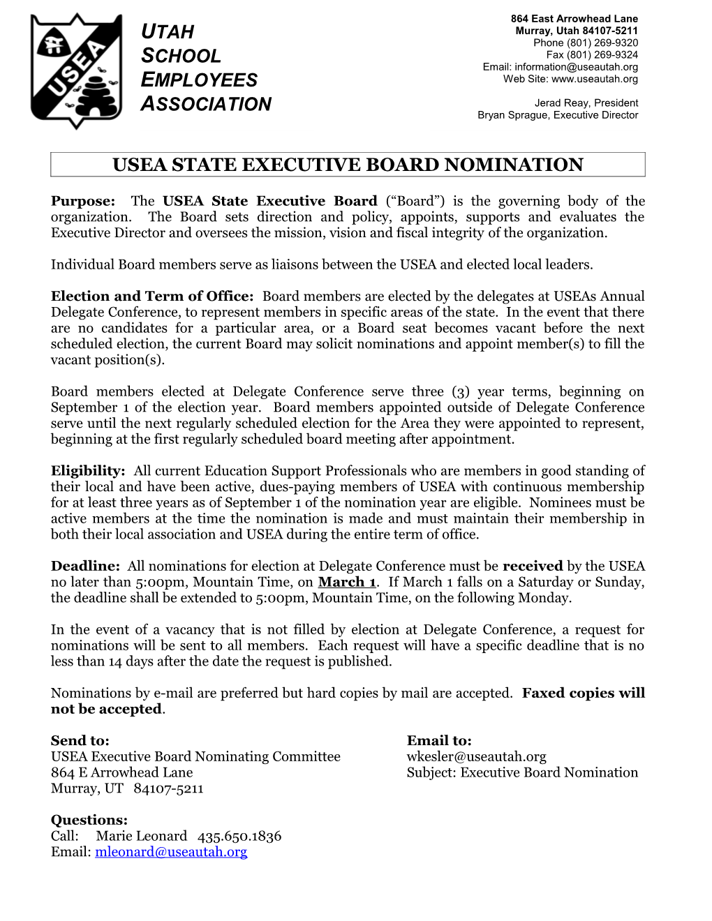 Usea State Executive Board Nomination