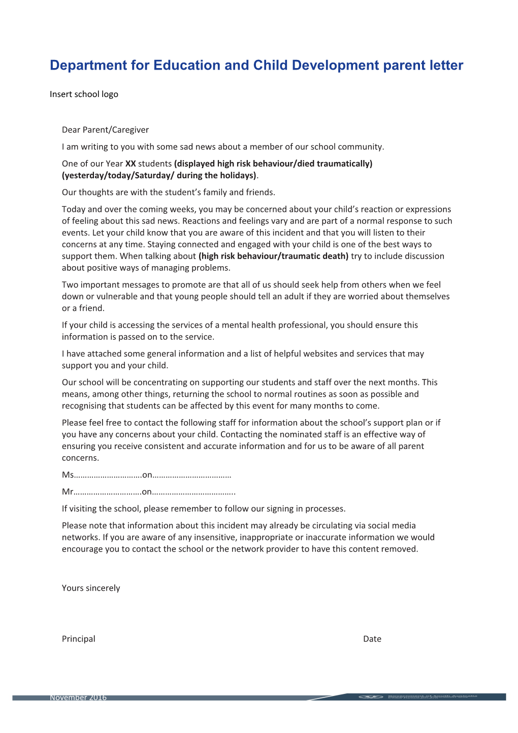 Department for Education and Child Development Parent Letter