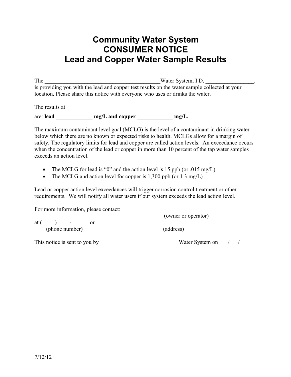 Consumer Notice - Lead and Copper Water Sample Results Form