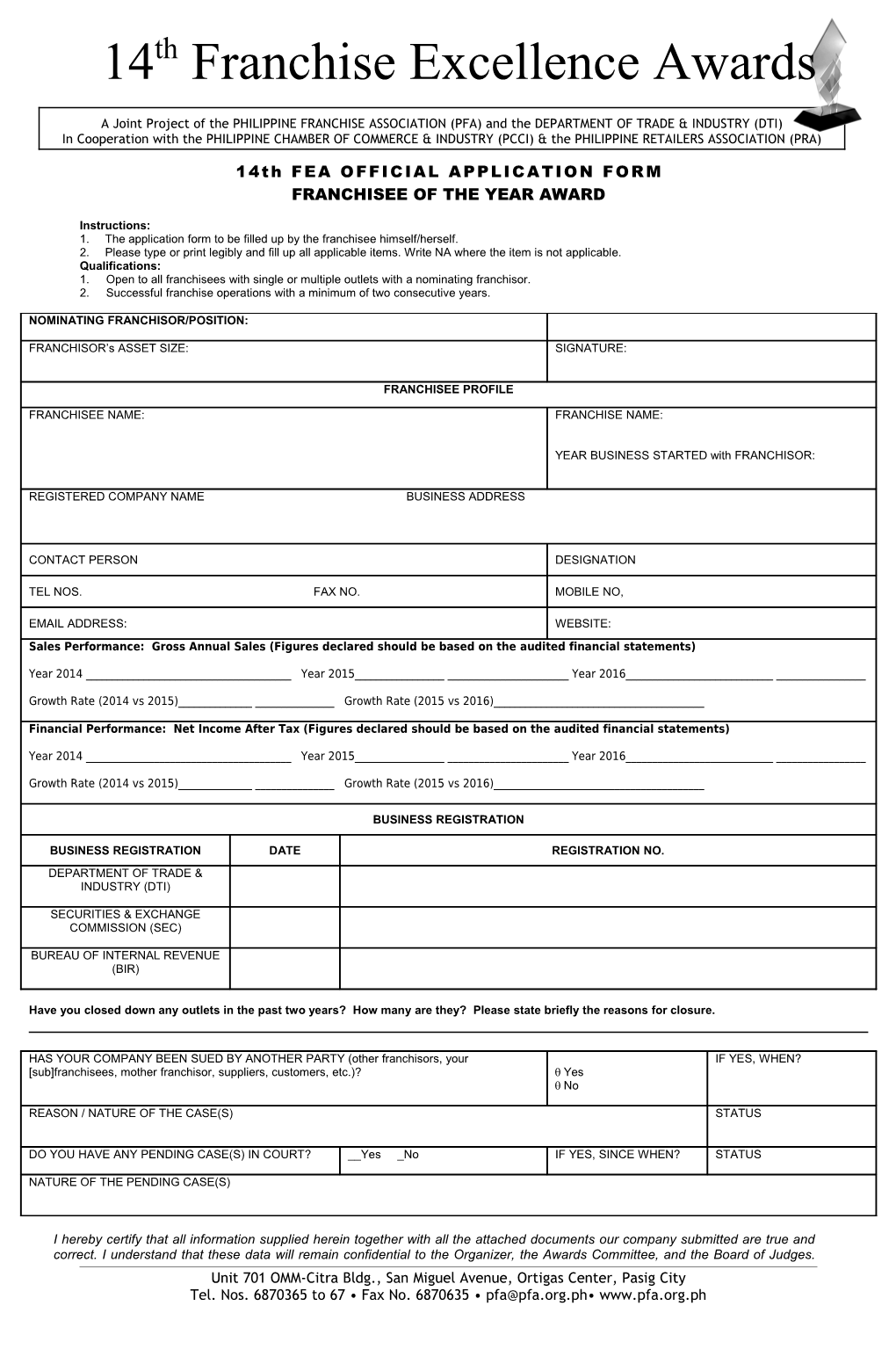 14Th FEA OFFICIAL APPLICATION FORM