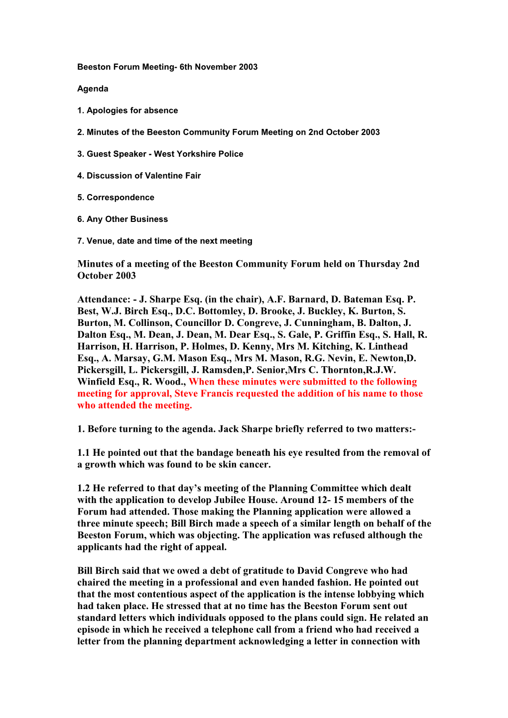 Beeston Forum Meeting- 6Th November 2003