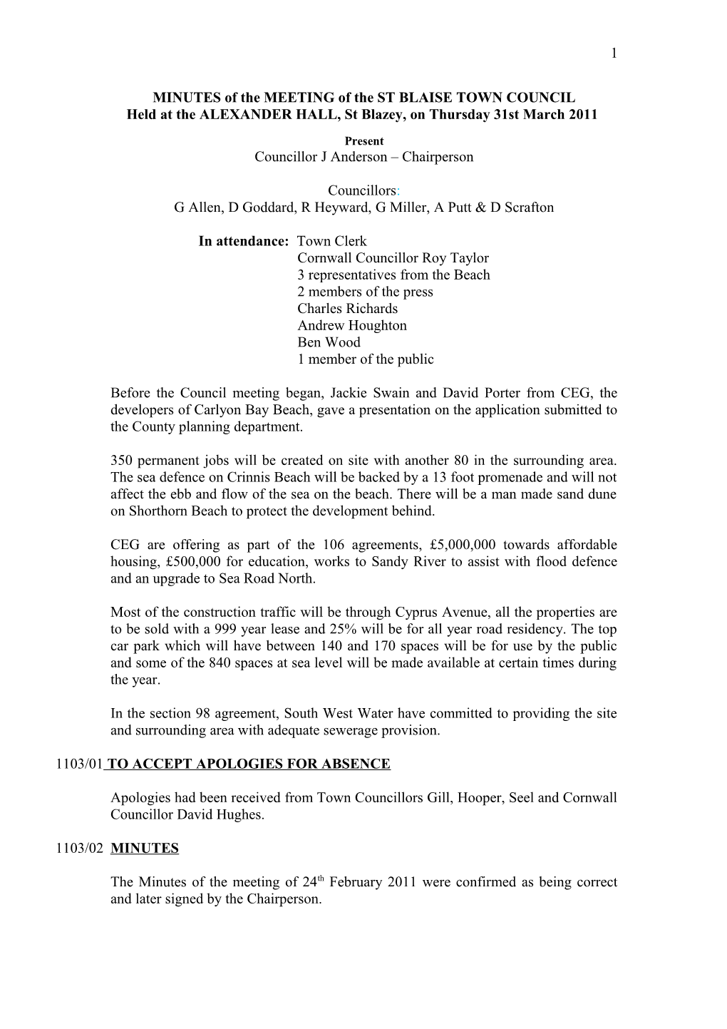 MINUTES of the MEETING of the ST BLAISE TOWN COUNCIL s2